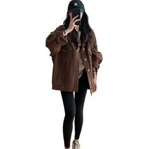 Women's brown denim jacket with spring and autumn style, early autumn retro workwear, high-end sense, top jacket, casual women's clothing