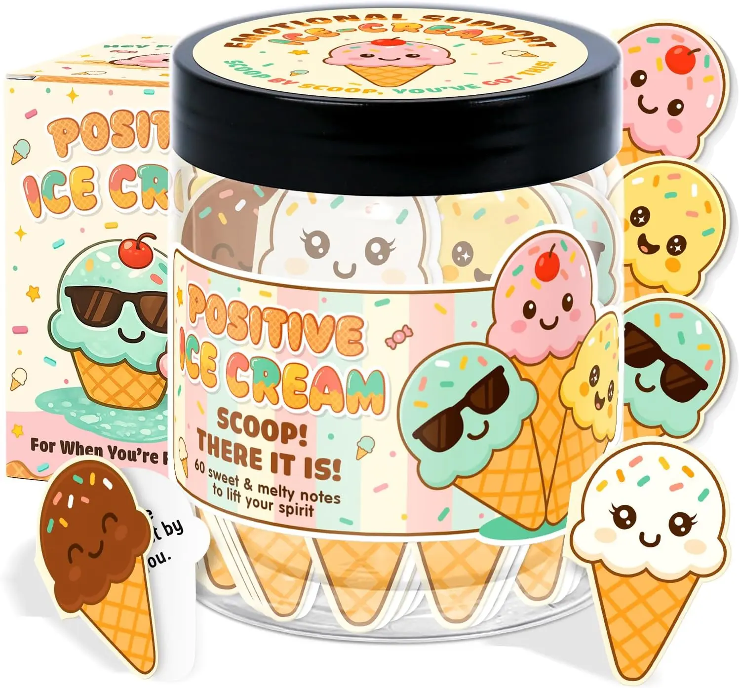 Non-Toxic 60+ Positive Affirmation Cards Jar - Emotional Support Office Stationery Gift for Female Adults - Ice Cream-Themed Birthday Present (Computers & Office Equipment Category)
