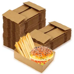 100 Pack Disposable Paper Trays, Rectangular   Containers Foldable Boxes, 4 Corner Pop Up Cardboard  Trays for  , Nacho, Snack, Stadiums, Theaters, Brown