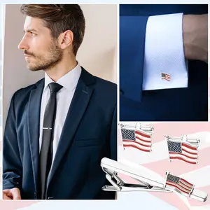 3pcs Men's Business Formal Patriotic American Flag Metal Cufflinks Tie Bar Set