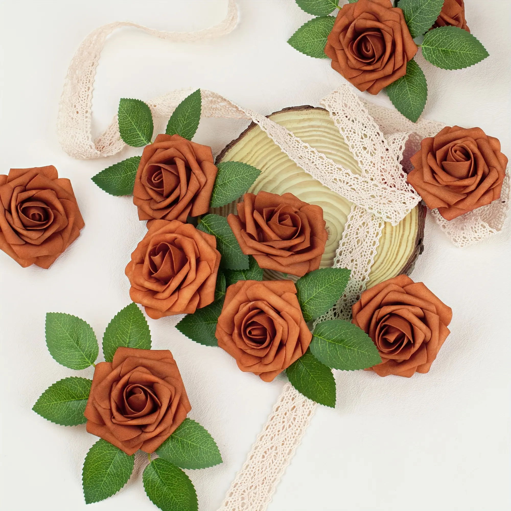 New 50-Piece Mocoosy Artificial Roses - Premium, Lifelike Burnt Orange Roses with Real Touch Terra Cotta Foam and Rusty Flowers for Wedding, Valentines Day, Party, and Family Table Decoration Bouquet Box