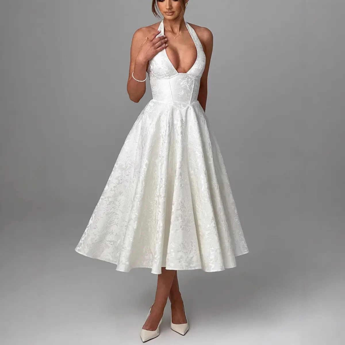 Women's Formal Halter Dress, Elegant Satin Jacquard A-Line Midi with Corset Bodice and Backless Design for Wedding Guest, Prom, Formal Dresses, Elegant Dresses For Women Chic Womenswear