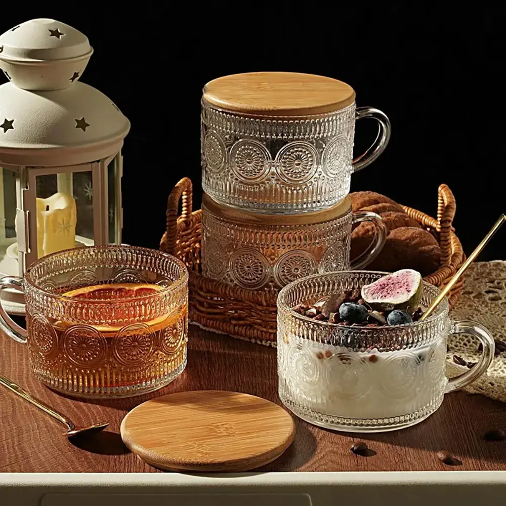8 Pcs Antique Coffee Mug Collection, Luxury Gifts For Women – 14oz See-through Embossed Glass Cups with Bamboo Caps and Spoons, Overnight Oats Canisters, Iced Coffee Glass Mugs, Chic Coffee Bar Decor & Essentials