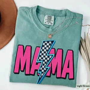 Comfort Colors Retro Neon Mama T-Shirt, Checkered Mama Shirt, Cool Mom Graphic Tee, Vintage Mama Shirt, Trendy Mom Tee