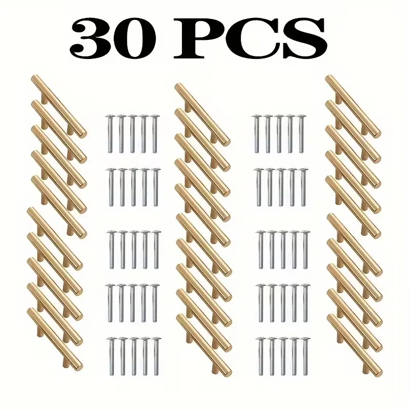 30-Pack Gold Stainless Steel Kitchen Cabinet T-Pulls - 128mm/5in, Stylish Appearance, Door Handles Interior for Kitchen, Wardrobe