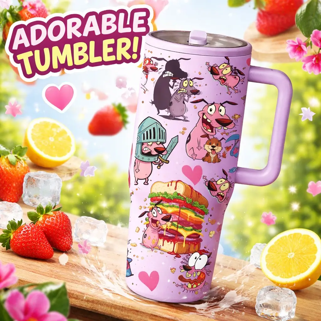 1pc Courage the Cowardly Dog 40oz Stainless Steel Insulated Tumbler with Handle, Drinkware Flasks, Pink Dog Print Travel Mug with Lid, Leakproof Tumbler, for Car, Office, Outdoor Use, Coffee Thermal Cup, Insulated Water Cup, Gift for Wo