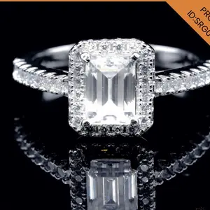 1 Carat Emerald Cut Moissanite Halo Ring – Sterling Silver