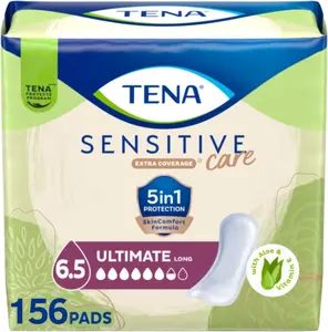 Tena Unscented Women's Sensitive Care Plastic-Backed Incontinence Pads, Day Use, Ultimate Absorbency, Long Length, 156-Count Multi-Pack for Bladder Control & Postpartum Support