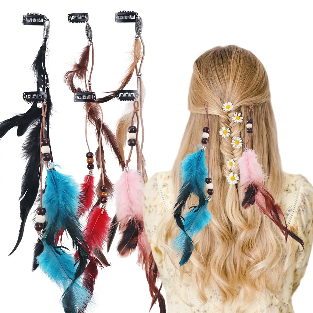 6PCS New Handmade Feather Hair Clip Extensions - Tribal Headdress With Braided Beads