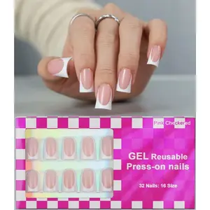 16 Sizes French Tip Short Duck Press On Nails – 32PCS Soft Gel Fake Nails with Nail Glue, Glossy Classic French Acrylic Nail Tips for Women & Girls