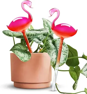 Flamingo 2PCS Self-Watering Glass Globes, 10" Hand Blown Hot Pink Gradient Bulbs, 95ml Capacity Automatic Irrigation Spikes, Decorative Plant Waterer for Home Indoor Garden Plants