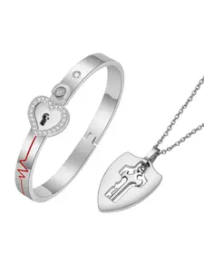 Heart Design Bracelet & Key Pendant Necklace, 100 Languages I Love You Projection Jewelry Set, Fashion Jewelry Accessories for Women & Men, Matching Jewelry Set