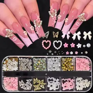 12-Piece Nail Art Set with Crystal Butterfly & Heart Designs, Multifunctional Resin Gemstones for DIY Manicure Decorations, Shiny Nail Accessories