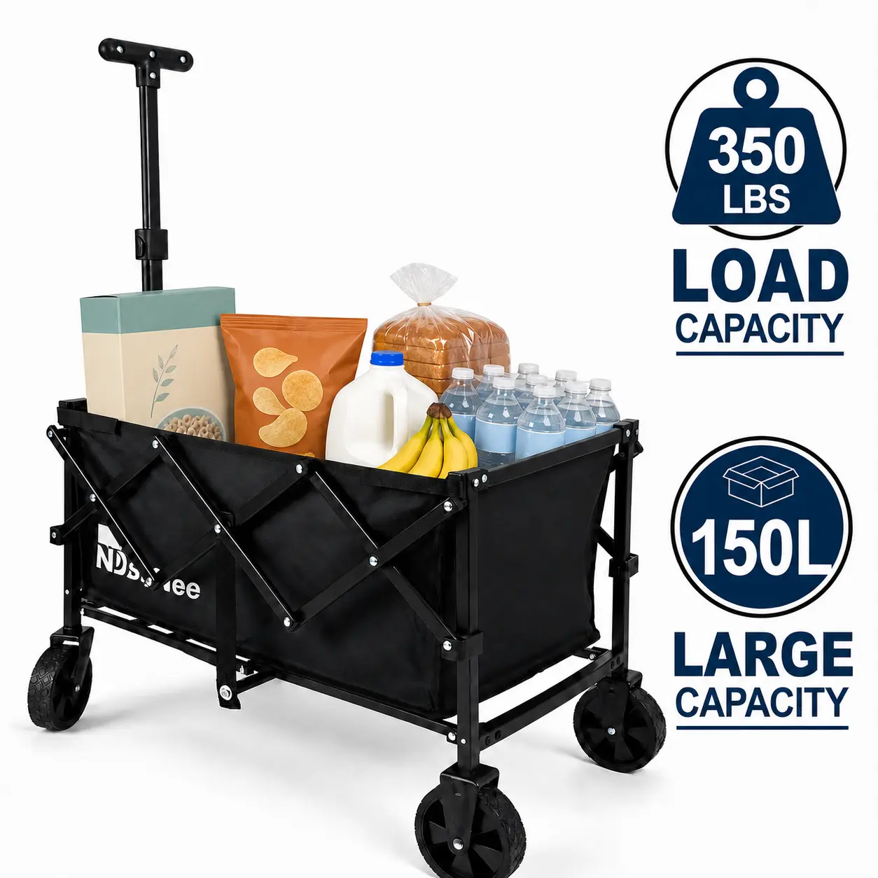 Black All-Terrain Portable Mini Shopping Wagon Cart - 350Lbs Capacity, 150L Folding Utility Cart with Wheels, Collapsible Grocery Wagon for Beach, Camping, Outdoor Sports & Hunting Use