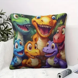 Dinosaur Throw Pillow with Digital Print, Featuring Colorful Cartoon Dinosaurs in a Lush Jungle Setting, Perfect for Kids’ Rooms and Play Areas, 45cm Square Cushion, Contains Pillow Core, Home Decorative Cushion