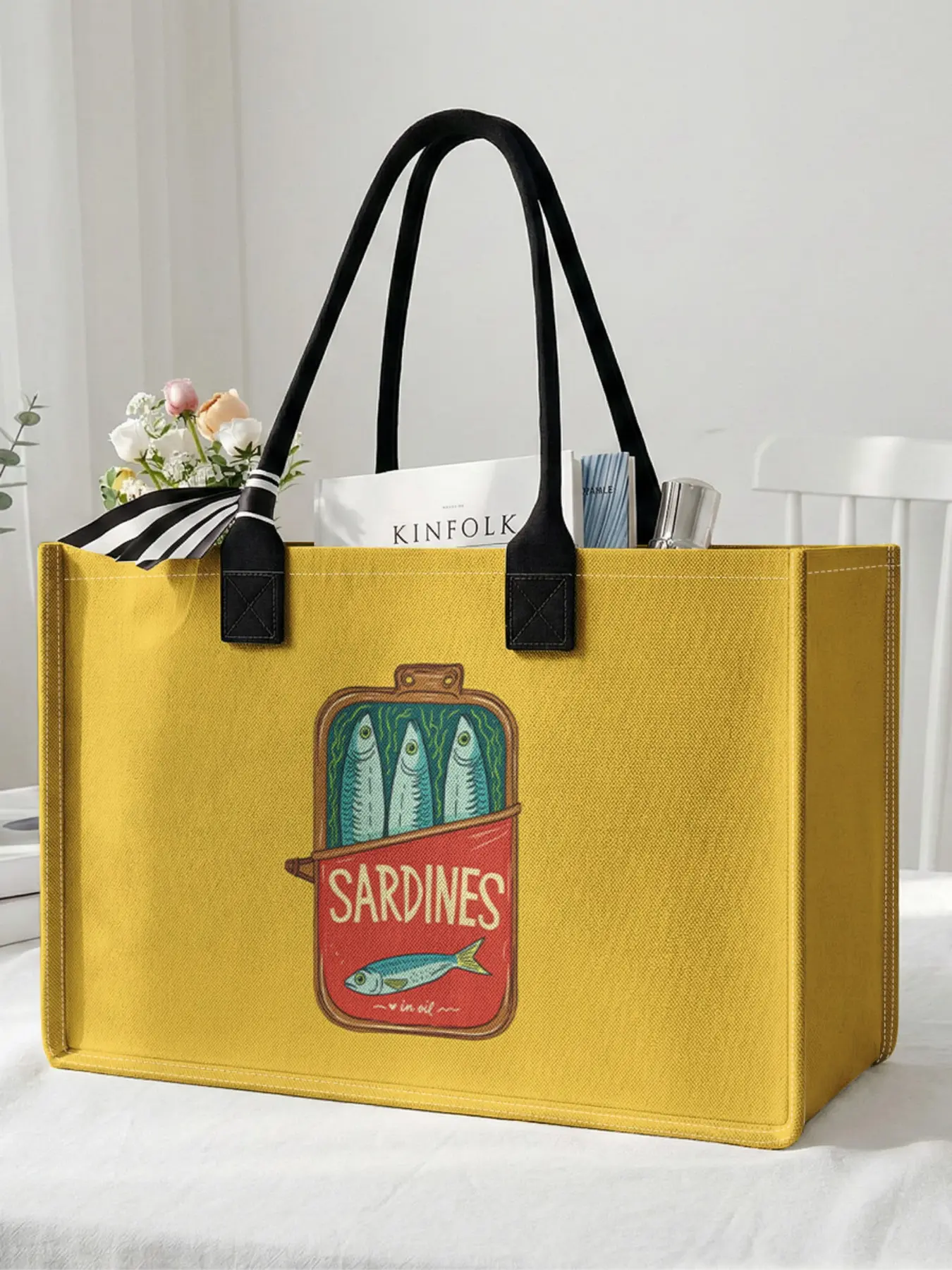 1 piece of sardine can pattern 2D printed large capacity storage bag, extra large storage bag, sturdy handle, space-saving multi-purpose, suitable for use at school, business trips, shopping, Reusable Bag, Lightweight Shopping Bag, Reusable Shopping Bags