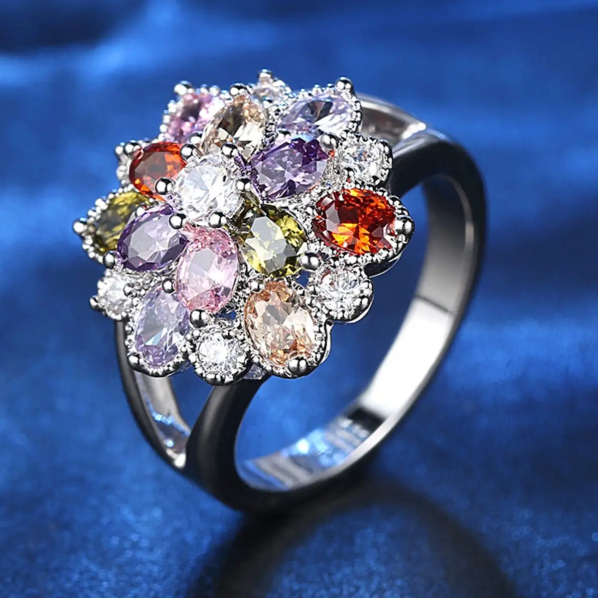 Fashionable, Luxurious, Charming Commitment Ring, Multi-color Synthetic Zircon Flower Women's Engagement Ring, Wedding, Banquet, Anniversary, Mother's Day Gift, Birthday Gift Jewelry for Loved Ones, Glamorous, Colored Stones Rings