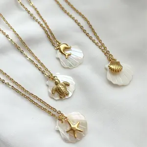 Women's starfish pendant necklace, 14K gold plated summer beach necklace, dolphin/turtle/starfish/shell pendant necklace