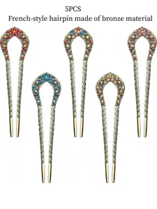 5 Pcs Vintage Bronze Hair Fork, French Updo Hairpin, Metal Bun Hair Stick, Crystal Inlaid Double-Tooth Hairpin Stick, Women's U-Shaped Updo Accessory (Elegant Pattern Style)