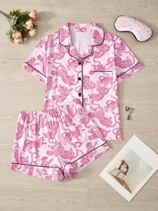 Elegant Leopard Print Short Sleeve Sleepwear 3-Piece Set with Eye Mask - Comfortable Button Front Pajamas for Women