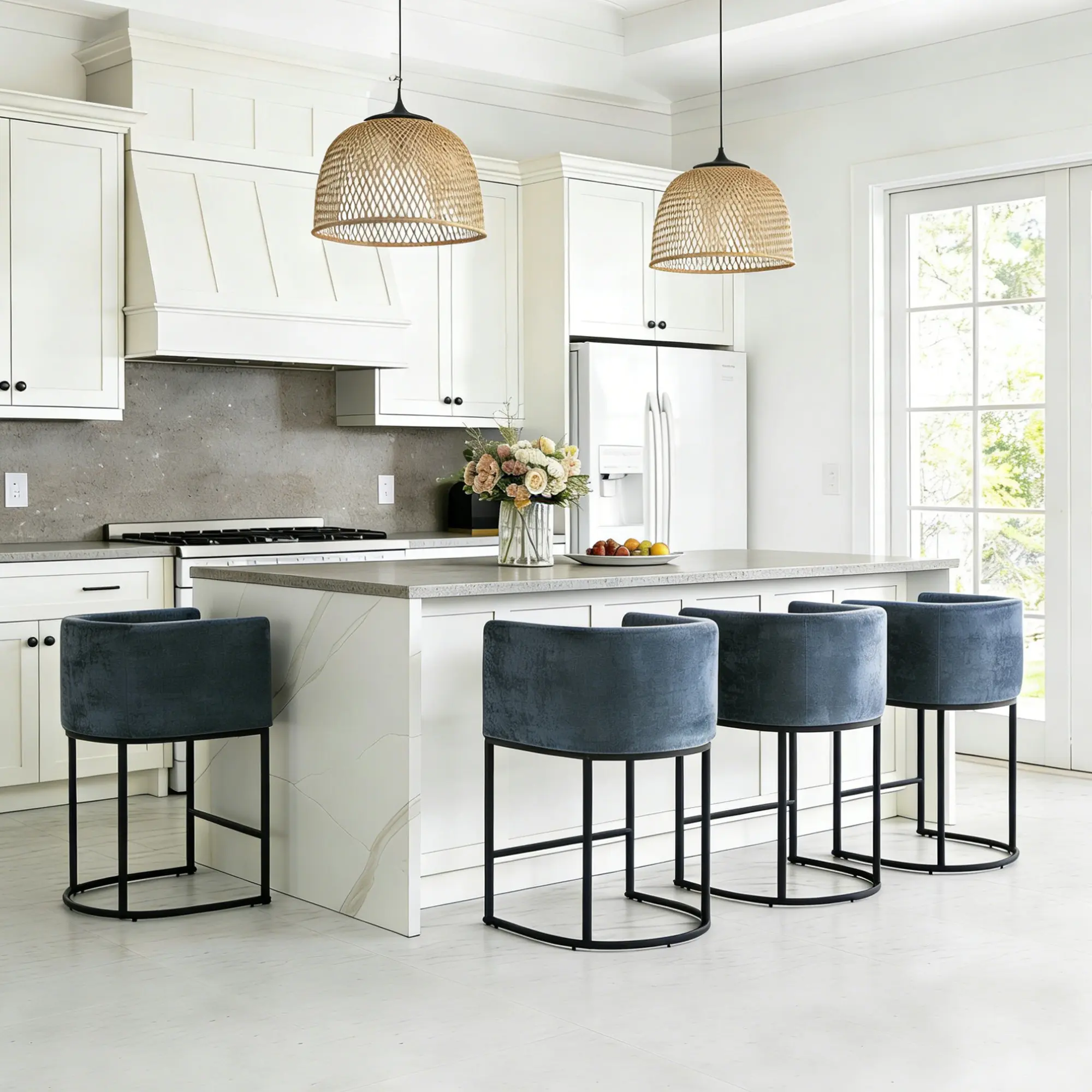 Modern Velvet Bar Stools ,  Kitchen Island Chairs with Black Metal Frame, Curved Backrest Counter Height Stools for Home Kitchen living room Cafe