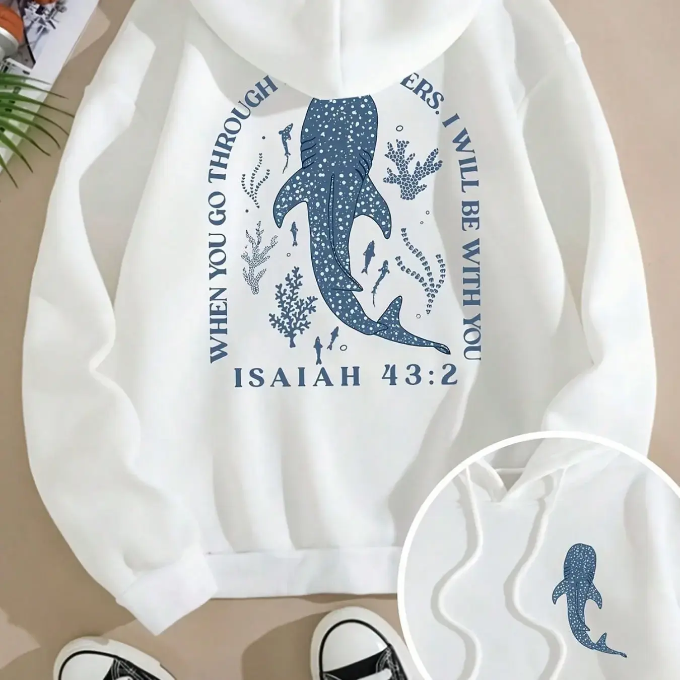 When You Go Through Waters I Will Be With You Double Print Hoodie, 270G Brushed Fleece Whale Shark Isaiah 43:2 Ocean Christian Hooded Sweatshirt, Religious Nature Aesthetic Casual Pullover For Men Women