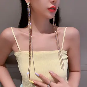 Geometric Colorful Rhinestone Earrings for Women Oversize Long Tassel Crystal Dangle Earrings Statement Jewelry