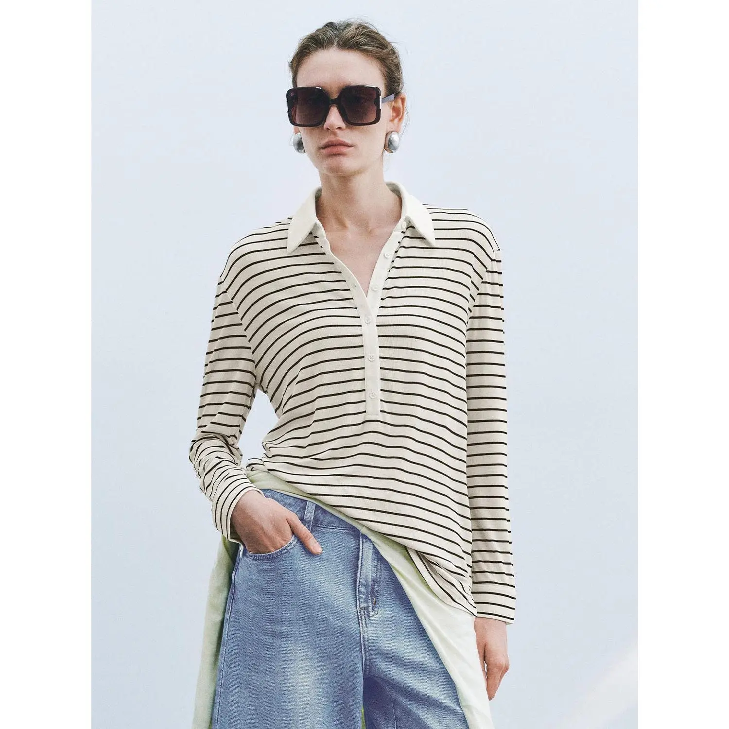 URBAN REVIVO Women's Striped Viscose Polo Shirt - Casual Long Sleeve Blouse with a Wool-Blend Collar, Thin, Fabric