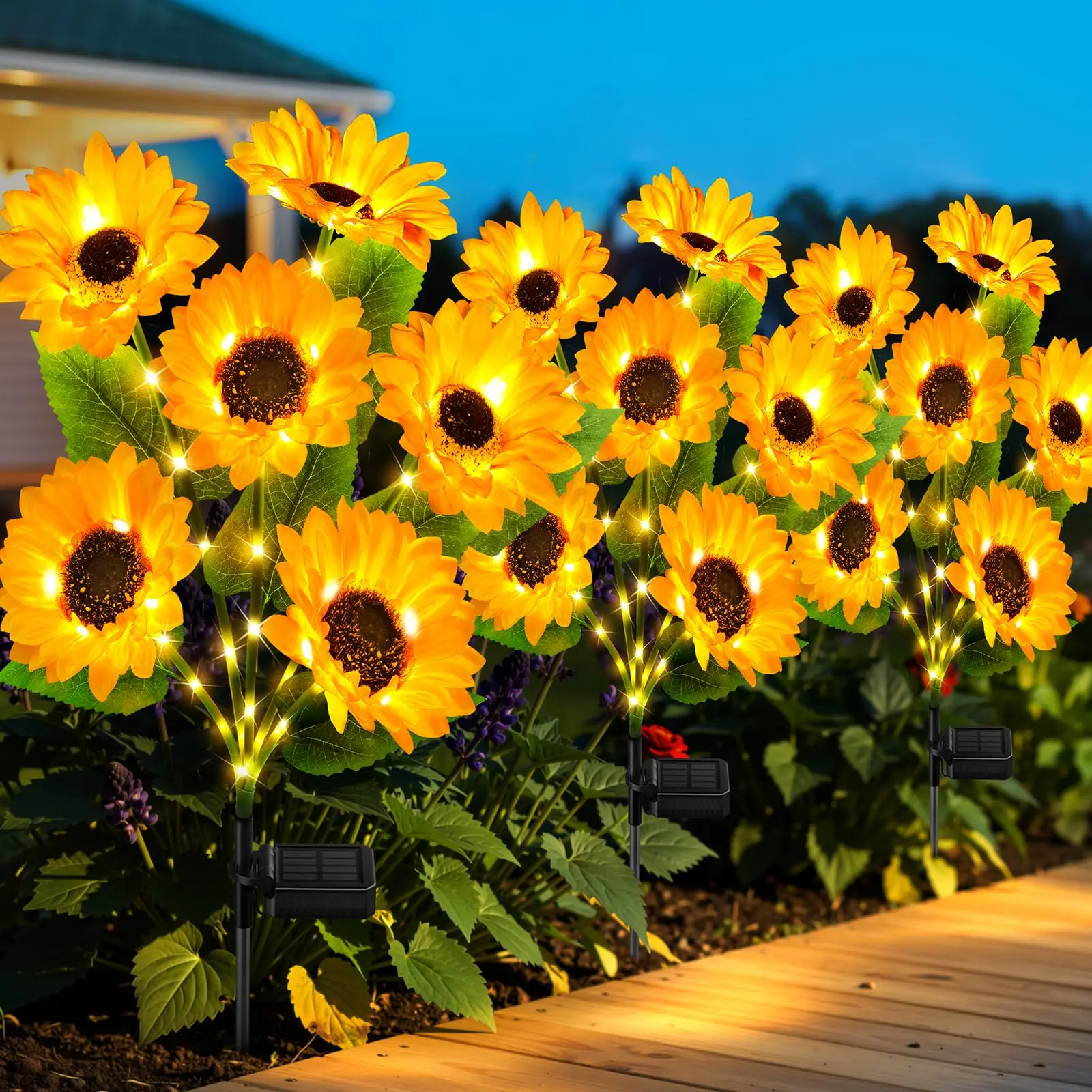 KOOPER Solar Powered LED Sunflower Garden Lights Set of 4/2 Pieces Realistic Nighttime Glow for Yard Lawn Patio Porch Waterproof IP65 Energy Efficient Outdoor Lighting Durable Plastic Flowers All Weather Protection