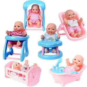 Mini Dolls with Cradle, High Chair, Walker, Bathtub, Swing & Baby Seat - Set of 6