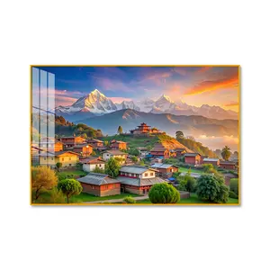 Crystal Porcelain Nepal village & mountain Wall Art with Rose Golden Aluminum Frame – Spiritual Home & Office Decor (24x36 inches)