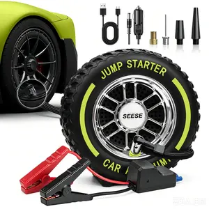 SEESE Tire Inflator Portable Air Compressor, 6000mAh Car Battery Jump Starter with LED light, 150 PSI Cordless Mini Air Bike Pump with Digital Dual Values Display, Lightning Fast Inflation & Pressure Gauge for Auto, Motorcycles, Bikes, Balls