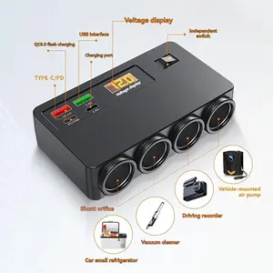 8-in-1 Car Fast Charging Adapter with 4 AC Outlets (DC 12V/24V), 2 USB-C & 2 USB Ports, 75cm Cable, Smart Plug Distributor for Multiple Devices, Independent Switch & LED Voltage Display Wireless Carplay Dongle