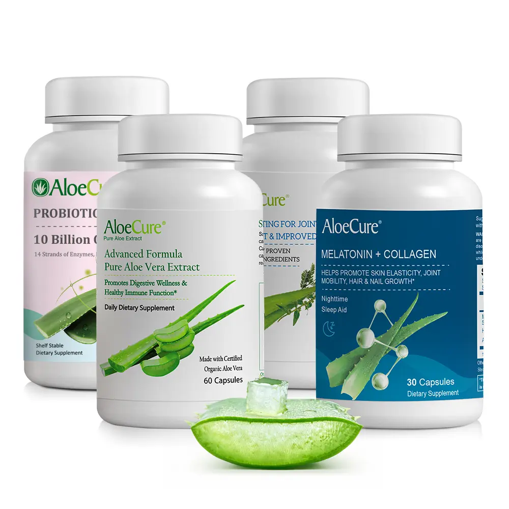 AloeCure Certified Organic Edible Aloe Vera Dietary Supplement Capsules Pack - 4 Pieces - Melatonin, Collagen, VeraFlex, Probiotics - Gluten-Free, Dairy-Free Digestive Aid for Gut Support