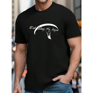 EAT SLEEP FLY REPEAT Men's Graphic T-Shirt - Aviation-Themed Parachute Design. Lightweight Breathable 100% Polyester. Regular Fit Casual Summer Tee For Casual Att graphic tees men crop tops summer outfits for men summer tops T-Shirt