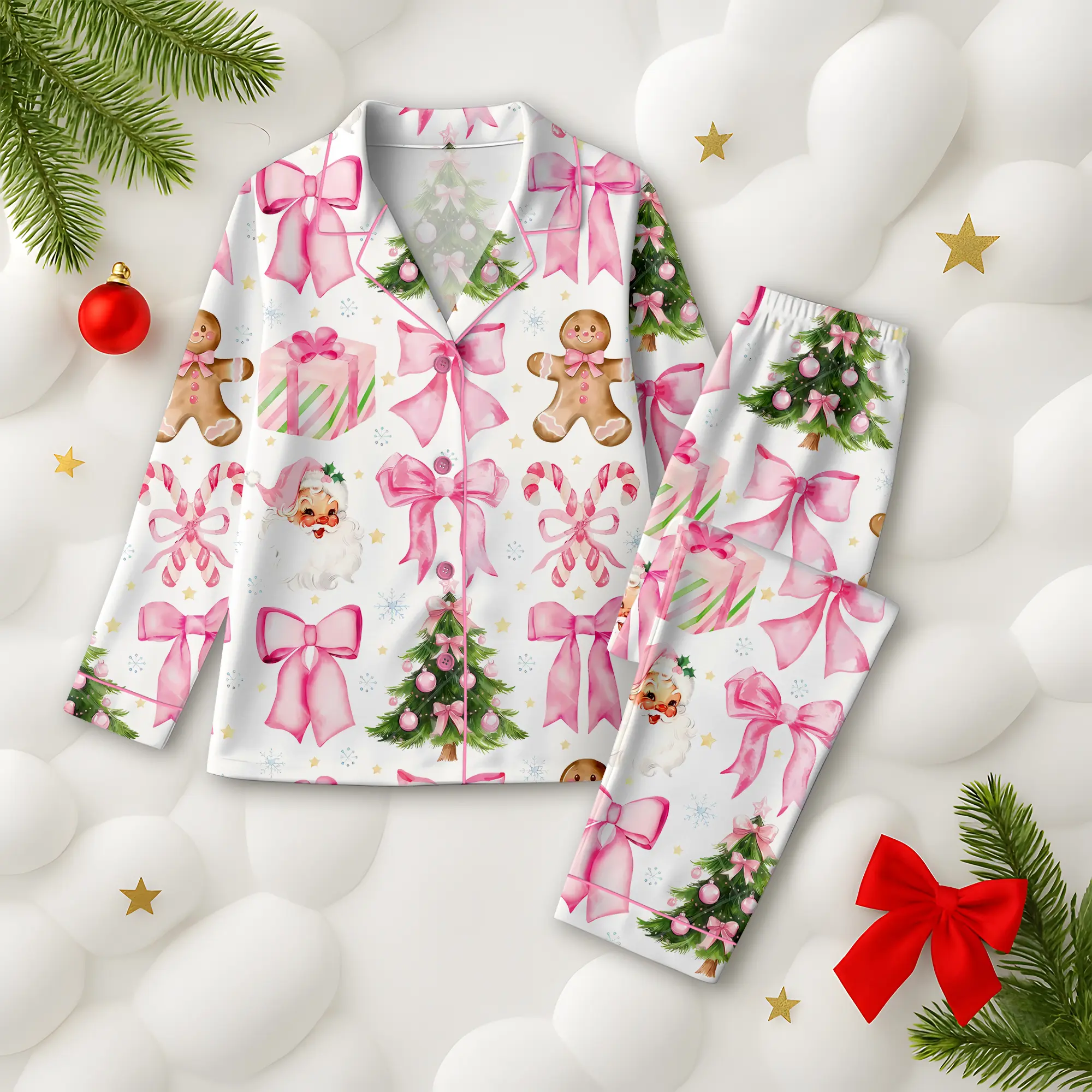 Coquette Christmas Candy Pajama Set, Cane Pink Bows Santa Christmas Tree Short Sleeve Satin Pajama Set, Pajama Nightwear Set for Her Women