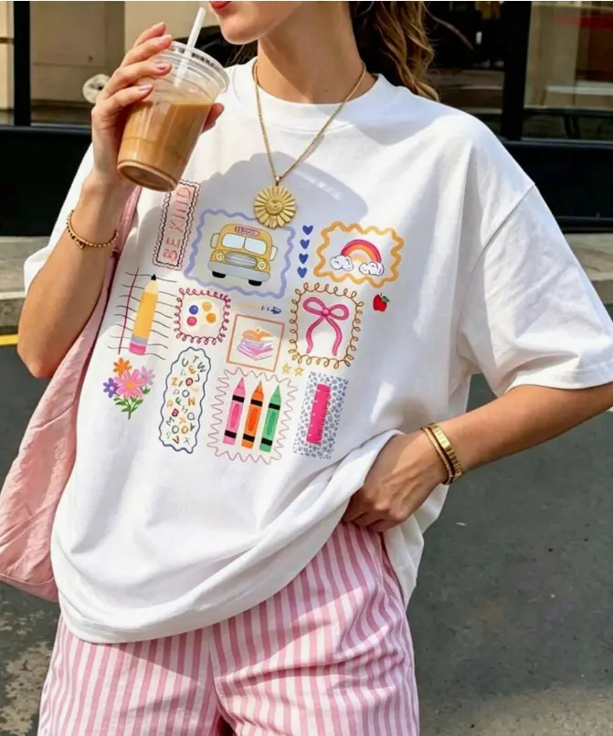 Y2K Women's Cute Graphic Tee, Indie Colorful Crayon & Rainbow Print T-Shirt, Coquette Casual Short Sleeve Top For Daily Wear Preppy