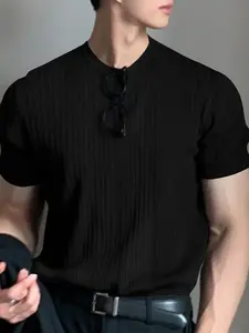 INCERUN Mens Mock Neck Short Sleeve Plain Long T-shirt Formal Work Business Tops Shirts Menswear