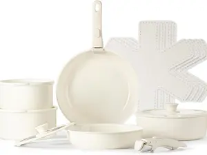 15pcs Pots and Pans Set, Ceramic Cookware Set Detachable Handle, Induction Nonstick Kitchen Cookware Sets with Removable Handle, Non Stick RV Cookware Set, Oven Safe Cookware Set, Cream White cooke ware