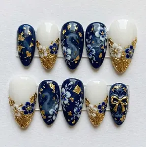 Handmade Royal Navy Press On Nails | 3D Gold Rococo Ornaments | Baroque Floral Luxury Nail Set