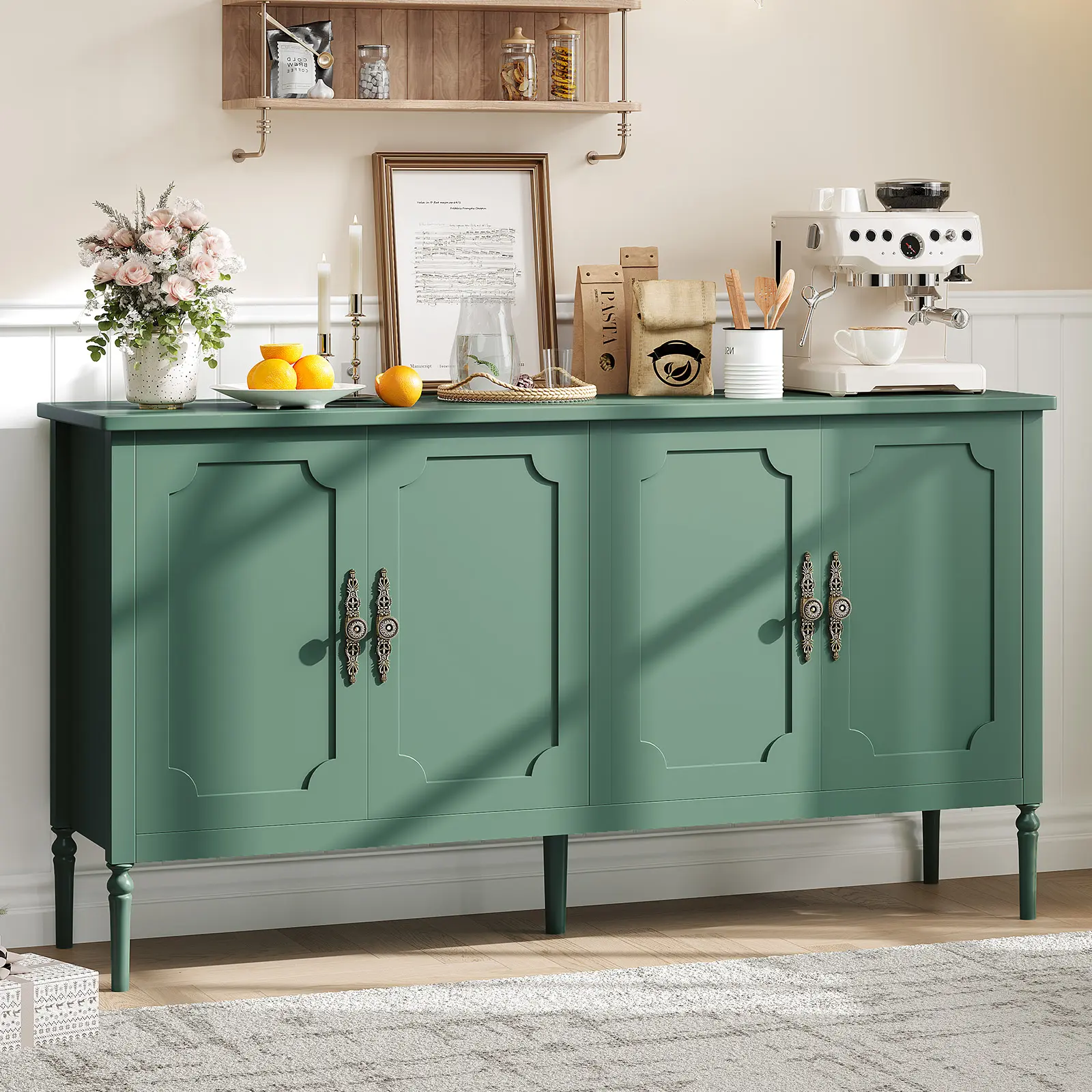 59" Sideboard, Wood Console Table Vintage Coffee Bar Cabinet with 4 Doors, Cabinet with Storage and Adjustable Shelves, Modern Buffet Cabinet for Dining Room, Hallway, Living Room, Green/Black