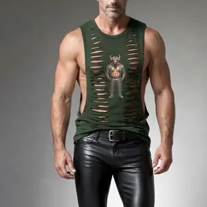 Hand-Distressed Macho Bull On Leather Muscle Shirt - Green Ripped