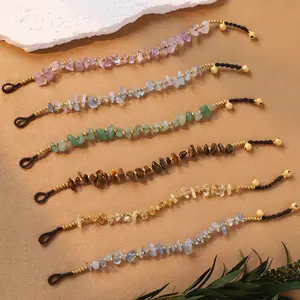 Natural Crystal Chip Beaded Bracelet, Handwoven Adjustable Braided Bracelet with Gold Beads & Bell Charm, Bohemian Healing Stone Jewelry for Women