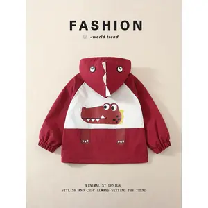 Boys Cute Cartoon Dinosaur Print Hooded Jacket, Zip Up Long Sleeve Coat with Pockets for Spring Fall