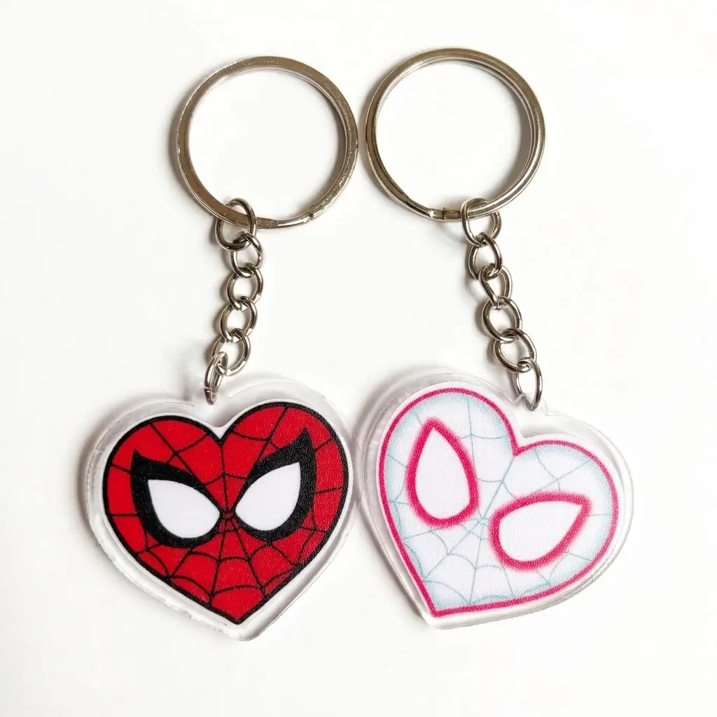 Matching Couple Keychain Set, Red and Pink Web Hero Heart Acrylic Key Rings, His and Hers Double Keychain Pair, Comic Mask Bag Charms for Couples, Best Friends, Valentine’s Day Anniversary Birthday Gift