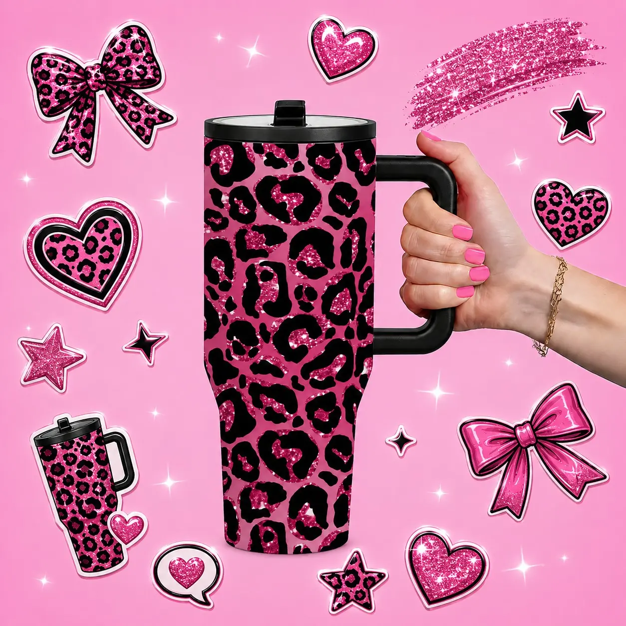 1 Pc 40oz insulated mug, Insulated Drinkware, pink glitter leopard print, thermal mug with handle and lid, leak proof stainless steel tumbler for hot cold drinks, keeps hot 12h cold 24h, gift for women, travel, office, school