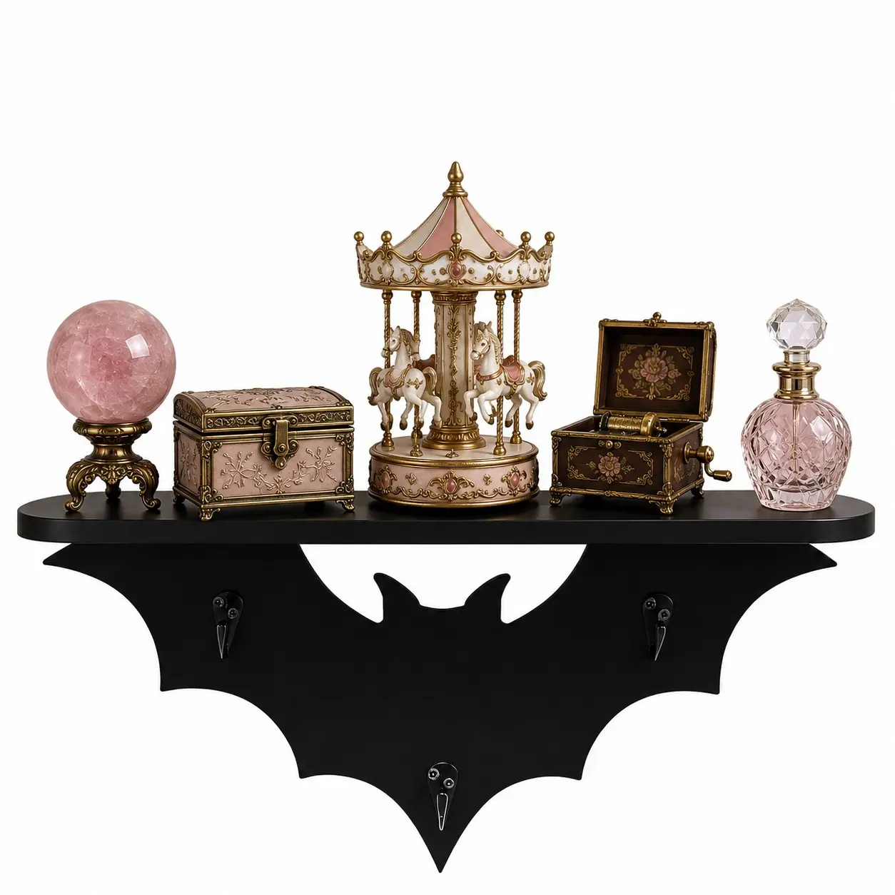 Bat Wall-Mounted Wooden Key Holder Shelf with 3 Metal Hooks, Gothic Wooden Crystal Display Rack, Halloween Home Decor for Entryway, Bedroom, Living Room