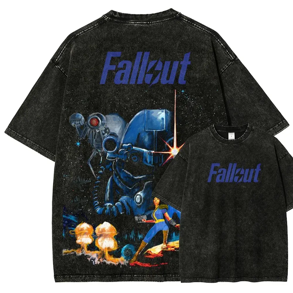 Fallout Retro Washed Black Graphic T Shirt, Post Apocalyptic Robot & Wasteland Artwork Print Tee, Vintage Distressed Oversized Short Sleeve Streetwear Top, Casual Gaming Apparel for Men Women Fans