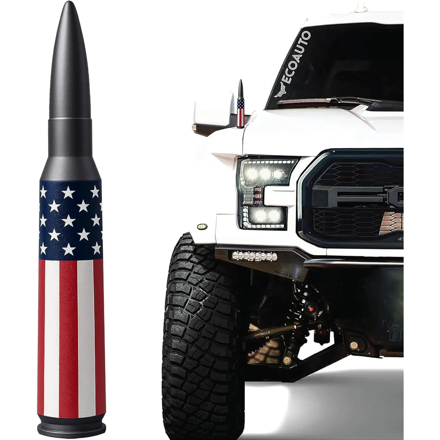 KDO Aluminum Flexible Bullet Bluetooth Antenna Replacement - Toolless, Weatherproof, Carwash Safe, American Flag - for Dodge Ram, Ford F150/F250/F350 Super Duty, Raptor, Bronco, GMC Trucks (1990-Current) with Android Auto, CarPlay Compatibility