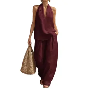 Boho Linen Two Piece Set - Perfect for Beach, Vacation & Brunch! Halter Neck Sleeveless Top Wide Leg Pants Set #           TwoPieceSet #           LinenSet #           WideLegPants #           HalterNeck #           SummerOutfit #           BohoFashion #